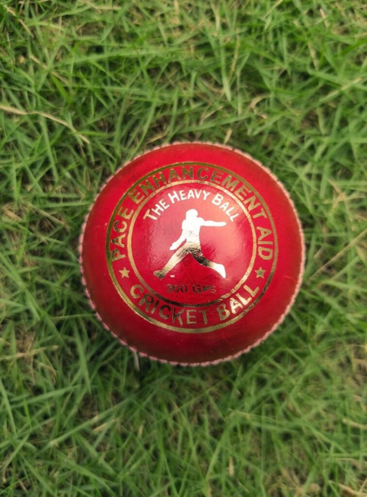 Pacer Technique heavyweight leather cricket ball shown from the front view in red color with the official Pacer Technique logo printed on top, designed for coaching, training, and professional pace practice