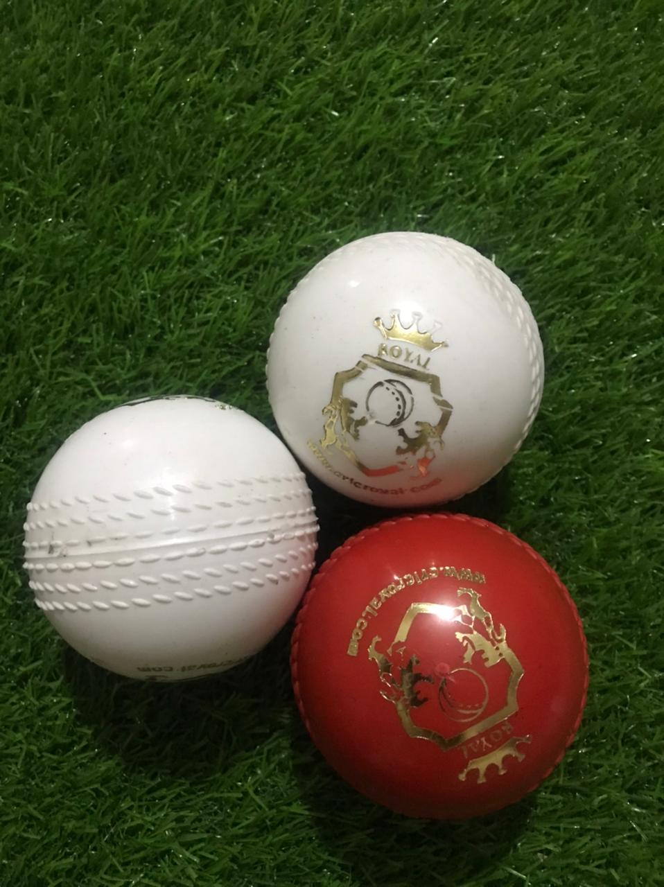 Set of three Molded Regular Synthetic Cricket Hard Balls, also known as Knocking Balls; includes one red and two white balls placed in mixed views showing front logos and side profiles, ideal for bat knocking and practice sessions
