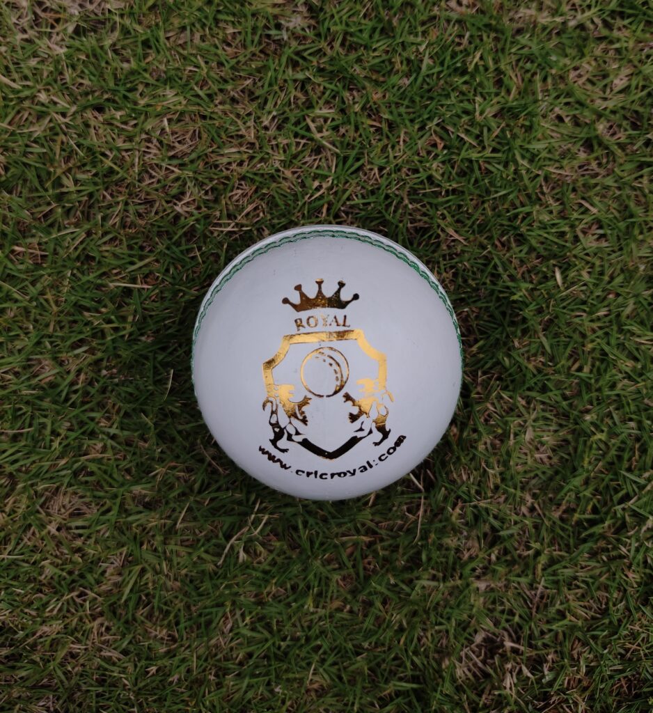 White leather cricket ball for kids weighing 113 grams, shown from the front view with stitched seams, designed for junior players and training use.