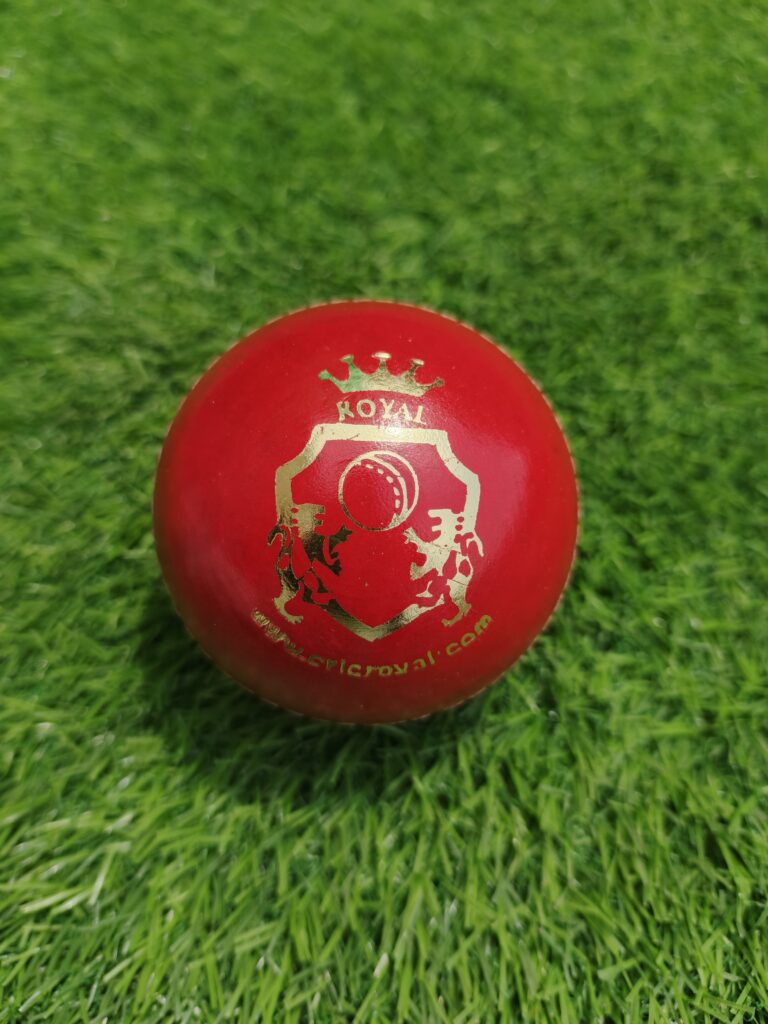 Leather swing cricket ball shown in front view with the Royal Cricket logo clearly visible, ideal for coaching and practice sessions.