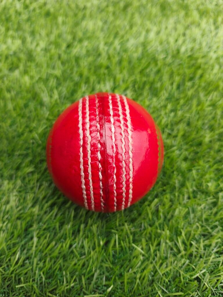 Side view of regulation premium leather cricket ball showing raised seams and 4PC cups construction in red color