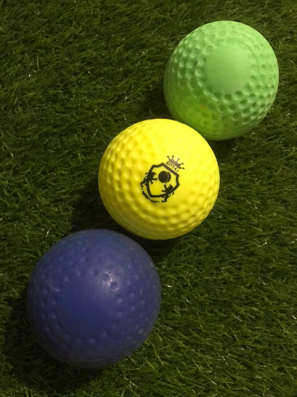Set of 3 Swing Bowling Machine Balls by Royal Cricket in yellow, green, and blue colors, all showing front view with company logo clearly visible