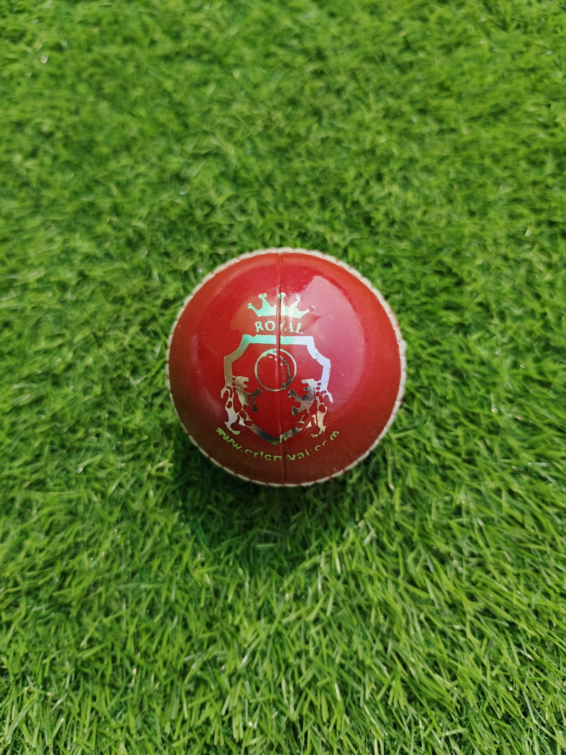 Red PVC Practice Cricket Hard Ball with stitched seam placed on grass, shown from front view featuring Royal Cricket branding in golden color for a premium training experience