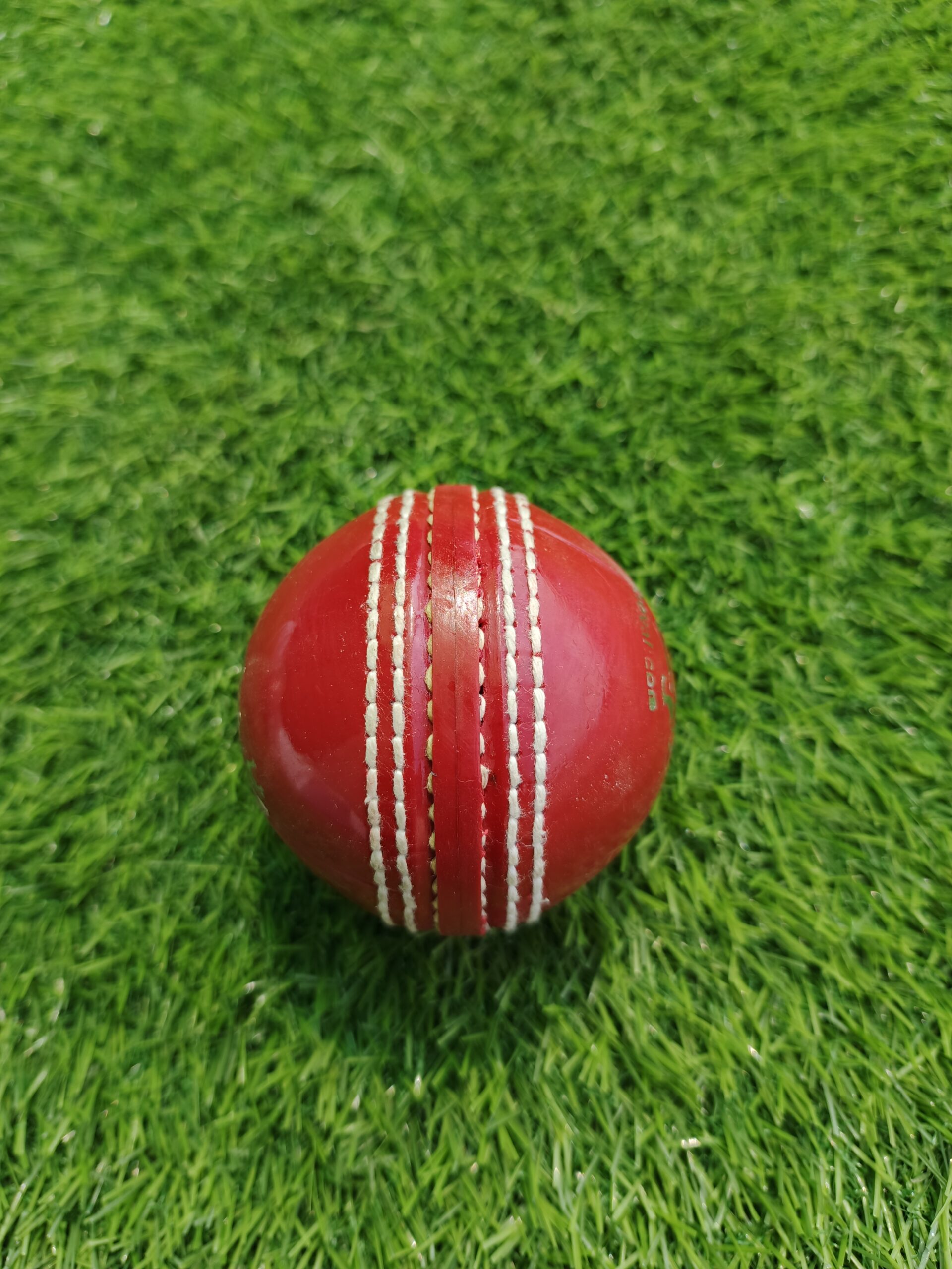 Red PVC Practice Cricket Hard Ball shown from side view placed on grass, highlighting the stitched seam and textured surface for realistic practice sessions