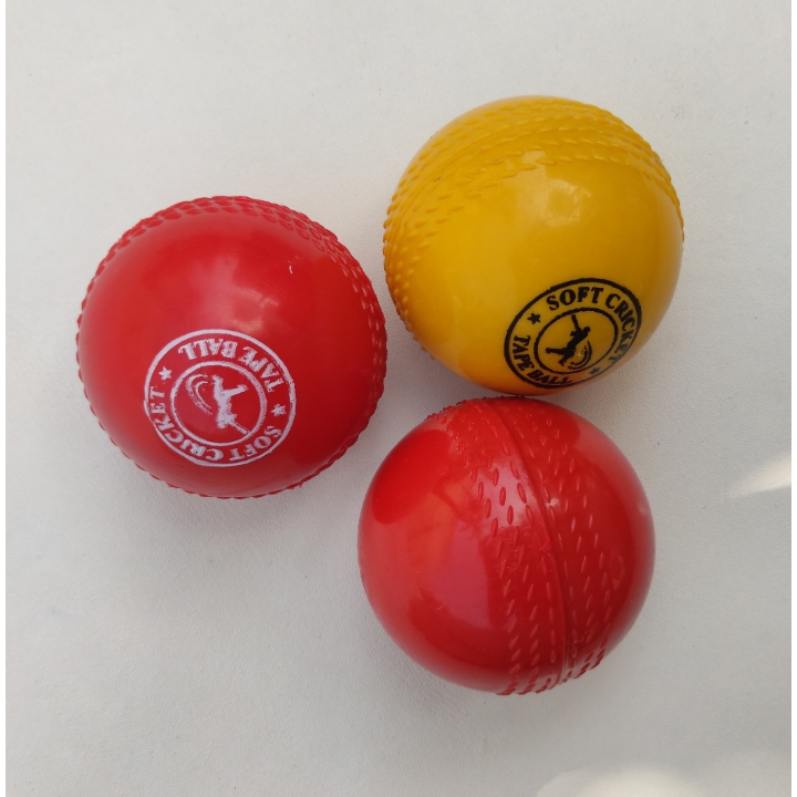 Set of three Soft Molded Regular Synthetic Cricket Balls in different colors placed together, ideal for regular practice with soft yet durable build